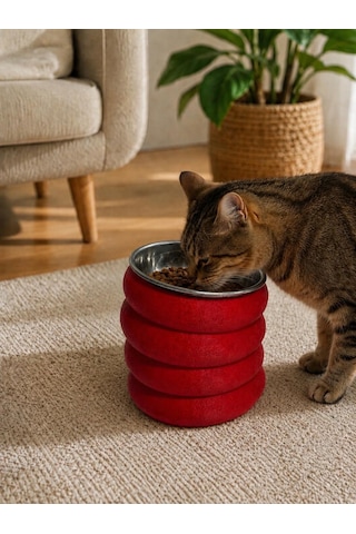 Kedi Mama Kabı Yükseltici Mat Dokulu Dalgalı Kaideli Paslanmaz Çelik İç Kase Siyah / Pembe / Kırmızı