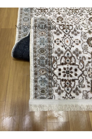 Merinos Çiçekli Otantik Krem Kahve Yeşil Kalın Kaymaz Taban Kesme Yolluk Halı Yeşil-krem