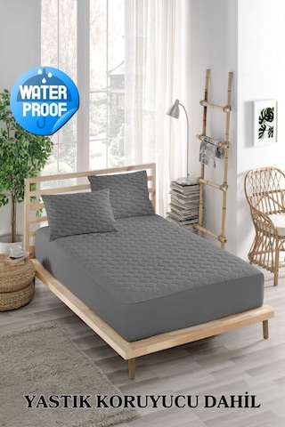 Alez Takımı Sıvı Geçirmez 3 Parça %100 Pamuk Kapitoneli Gri Tek Kişilik