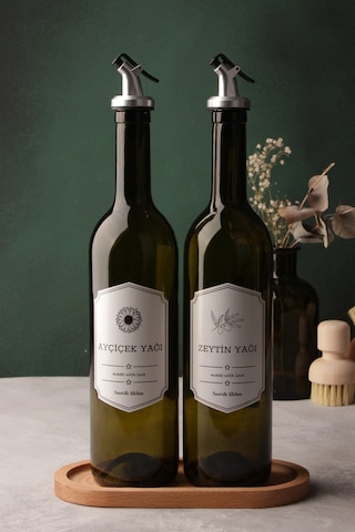 Ahşap Standlı Zeytinyağı ve Sıvıyağ Şişesi Damlatmaz Yağdanlık 2'li 750 ML