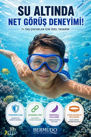 Mavi Çocuk Deniz Havuz Dalış Maskesi Tempered Cam Tek Silikon Ayarlı Yüzücü Maskesi 7+ Yaş