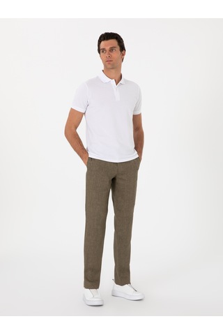 Cacharel Haki Slim Fit %100 Keten Klasik Pantolon Yesıl
