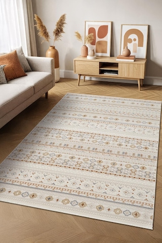 Icon Ic008r Krem Halı Renkli Kilim Desenli Akrilik Ve Pamuk Tabanlı 4 Mevsim Salon Halısı-753 Krem