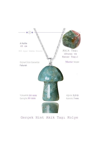 Sertifikalı Mantar Model Hint Akik Taşı Kolye Gümüş Aparatlı Çok Renkli