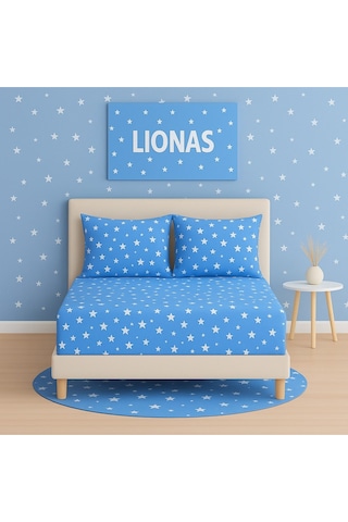 Desenli 180 X 200 Cm Battal Boy Mavi Yıldız Lastikli Çarşaf Ve 2 Adet Yastık Kılıfı Mavi