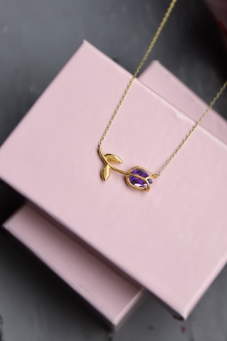 Papatya Silver 925 Ayar Gümüş Gold Kaplama Mor Taşlı Lale Kolye