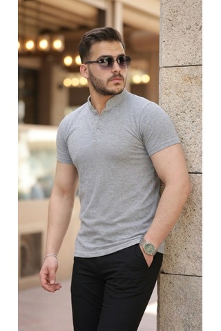 Veraura Lifestyle Erkek Hakim Yaka Dokuma Pamuklu Kumaş Kısa Kollu T-shirt gri