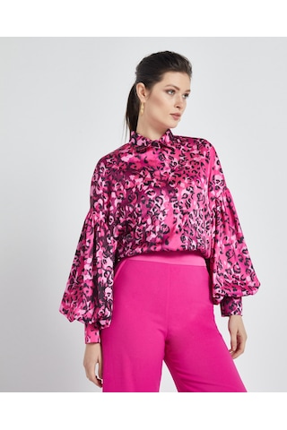 Serpil Exclusive Kadın Leopar Desenli Gömlek - Balon Kol - Saten - Modern Ve Şık Tasarım - Günlük Ve Özel Gün Kullanımı İçin Gömlek Fuşya