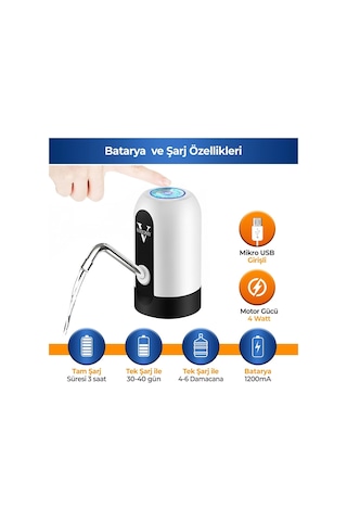 Vayomy 4 W Şarjlı Otomatik Damacana Su Pompası 1200 Mah Bataryalı, Bpa İçermez, Ce Belgeli Su Dispenseri Beya