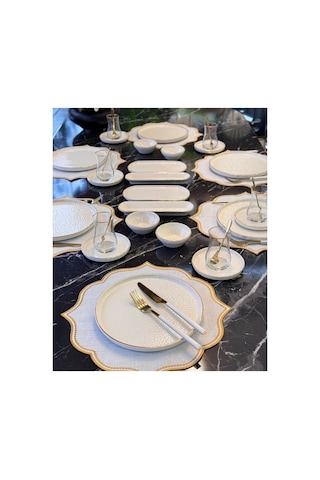 32 Parça Modern Krem Gold Kahvaltı Takımı-6458 Altın