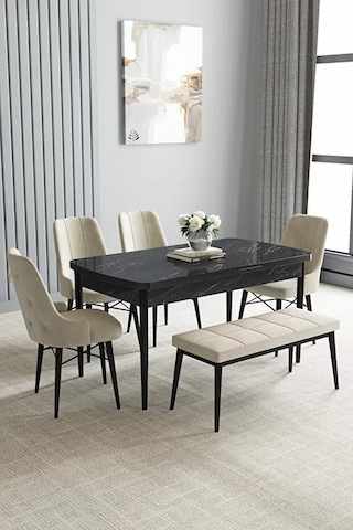 Loft Siyah Mermer 80x132 Açılabilir Mdf Masa Yemek Odası Takımı, Mutfak Takımı 4 Sandalye, 1 Bench Krem