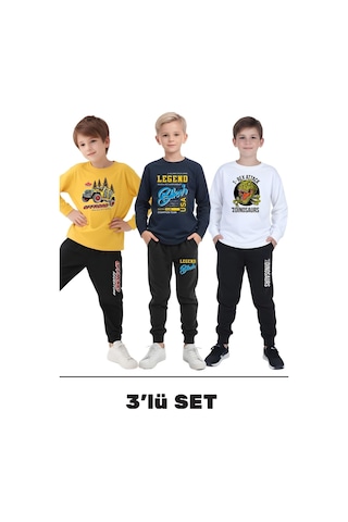 Fyk Kids 3'lü Erkek Çocuk Baskılı Yuvarlak Yaka Alt-üst Pijama Takımı Çok Renkli