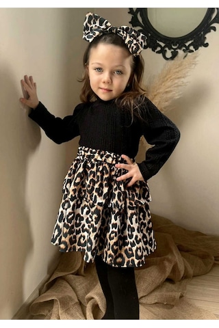 Kız Çocuk Desenli Triko Bandana 3lü Doğum Günü Günlük Hediye Elbise Takım Çok Renkli