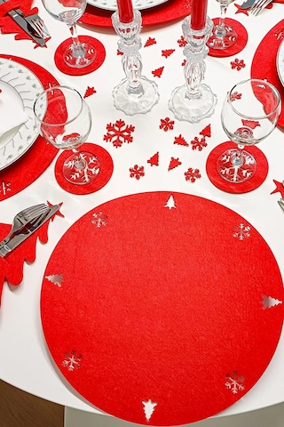 Yılbaşı Temalı Supla Seti 4 Kişilik Kırmızı Keçe, 3mm, Bardak Altlığı Ve Peçetelikli Kırmızı