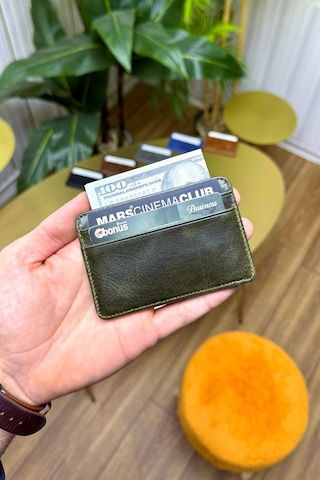Unisex Antik Yeşil Mini Design Hakiki Deri Kartlık Cüzdan Erkek - Kadın Yeşil