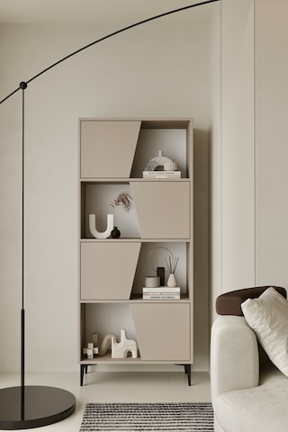 Roma Kitaplık 175 Cm - Vitrin - Gümüşlük 100% Mdf Metal Ayak Kumtaşı