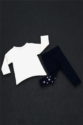 Kız Bebek Beyaz Lacivert Baskılı Mevsimlik Tişört Tayt Takım Beyaz - Siyah