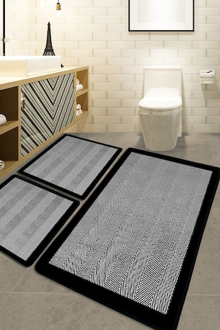 3 Lü Banyo Paspas Takımı Kaymaz Tabanlı Yıkanabilir Siyah B1255 Siyah - Gri
