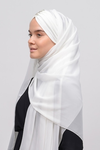 Altobeh Zarif Taşlı Drapeli Hazır Pratik Şifon Kadın Tesettür Şal - Ekru