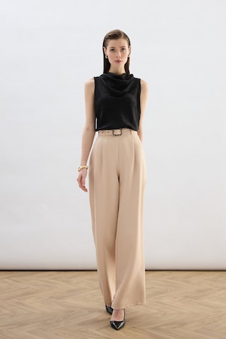 Sateen Kemerli Bol Pantolon - Bej-136821 Bej