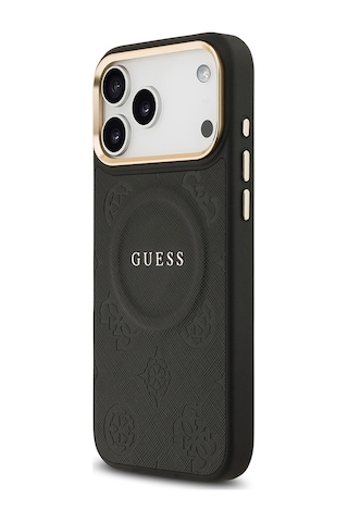 Apple Uyumlu iPhone 17 Pro Max Kılıf Guess Lisanslı M-safeli Sıcak Baskılı Yazı Logolu Pu Deri Peony Siyah Siyah