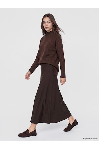 Lcw Modest Kahverengi Yarım Balıkçı Yaka Oversize Kadın Triko Tunik Xl-2xl