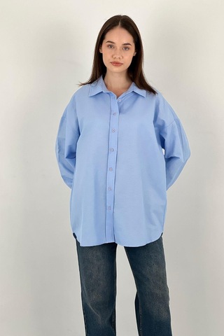 Miss Poem Kadın Polo Yaka Basic Oversize Uzun Kollu Pembe Gömlek Mavi