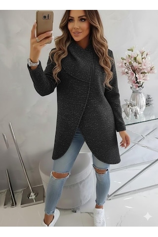 Kırçıllı Siyah Kadın Asimetrik Fermuarlı Oversize Kapüşonlu Sweatshirt Kalın Kumaş Rahat Günlük Tarz Füme
