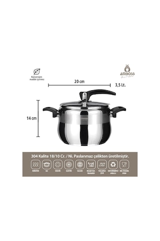 Amboss Amber Klasik Paslanmaz Çelik Düdüklü Tencere - Siyah Kulp - 3,5 Lt. 20 Cm Gri