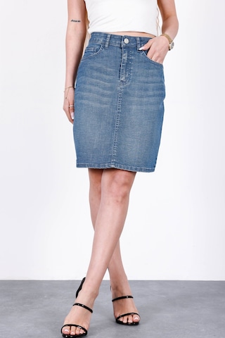 HLT Jeans Nordic Blue Kadın Regular Fit Likralı Yüksek Bel Orta Boy Denim Kot Etek Alice-4013 Mavi