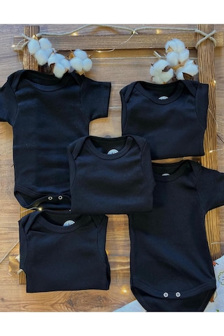 Betül Bebek Kısa Kollu 5'li Organik Pamuk Çıtçıtlı Bebek Body&zıbın 5 Adet Siyah