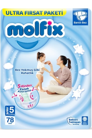 Molfix Bebek Bezi Beden: 5 11-18 Kg Junior 156 Adet + 6 Adet Mendil 5 Numara