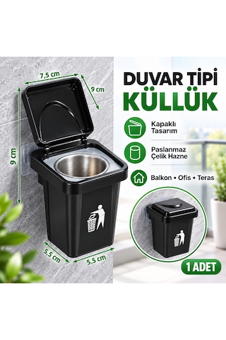 Çöp Kutusu Tasarımlı Duvar Küllüğü - Kapaklı Dekoratif Balkon Ofis Kül Tablası Paslanmaz Hazneli 1 Adet