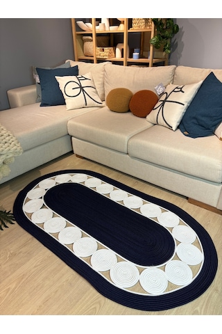 Cookie Jüt Hasırlı El Örgüsü Kilim Lacivert - Beyaz