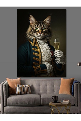 Ahşap Tablo Şampanya İçen Aristokrat Kedi