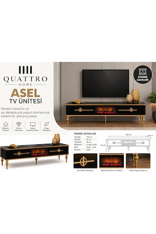 Asel Şömineli Tv Ünitesi Siyah Gold Detaylı Modern Tasarım 160 Cm