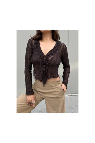 First Angels Dantelli Crop Bluz Kahve Kahve