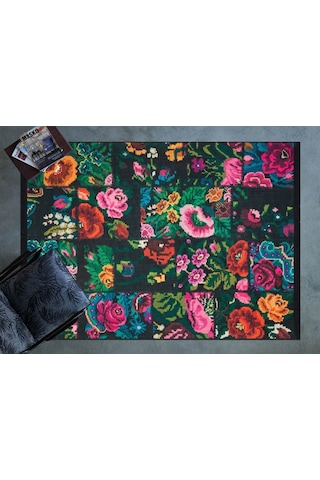 Çam Halı Gloria Td3251 Siyah Karabağ Patchwork Desen Dokuma Saçaklı Kilim
