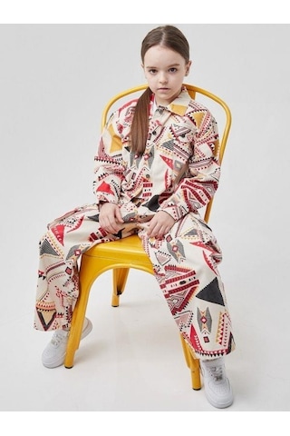 Kız Çocuk Etnik Desenli Tasarım Kot Ceket-13812 Kırmızı
