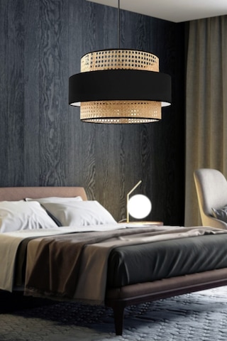 Bohem Trio Metal Kasalı Gerçek Rattan Ve Siyah Kumaş Salon Avize Üç Katlı Pasta Yatak Odası Sarkıt Siyah