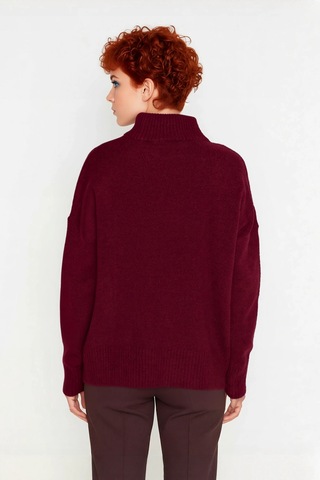 Ersefa Kadın Basic Oversize Dik Yaka Triko Kazak Düşük Kol Uzun Boy Kışl Bordo