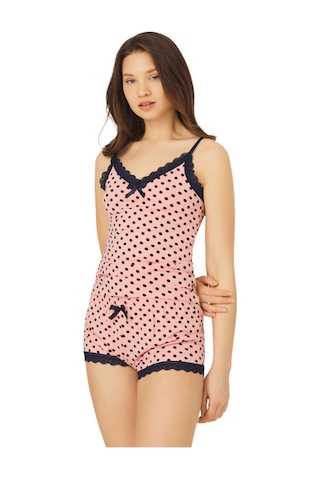 Cottonhill Pembe Lacivert Puantiyeli İnce Askılı Şortlu Pamuklu Pijama Takım Çok Renkli