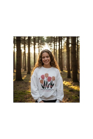 Fesshera Kids Kız Çocuk Sweatshirt Balon Kol Baskılı Oversize Pamuklu Sweatshirt / Geniş Kalıp Uzun Kollu Tişört Beyaz