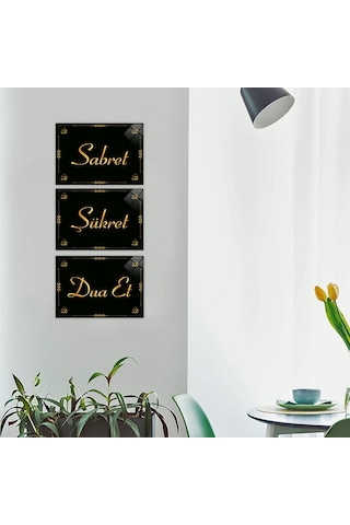 Decorita Cam Tablo|Sabret-Şükret-Dua Et-Gold Yazı|14,8cm x 21cm