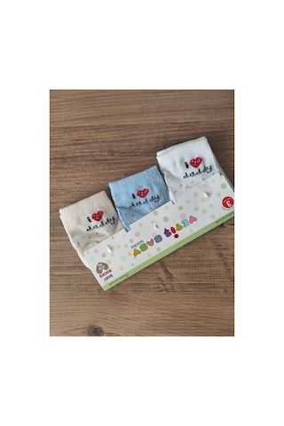 Bambık Yetiş %80 Pamuklu 3'lü Erkek Bebek Çorap Seti - I Love Daddy Baskılı Mavi Beyaz Krem Bebek Çorabı Çok Renkli Çok Renkli
