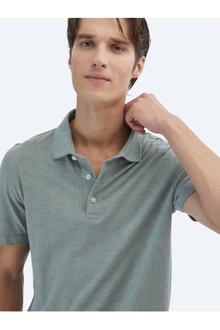Kip Haki Desenli Polo Yaka Pamuk Karışımlı T-shirt Haki