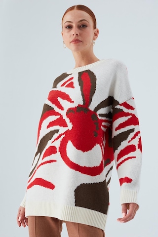 Peraluna Polına Pullover Çiçek Desenli Uzun Kadın Triko Kazak Ekru Multi-ekru Ekru