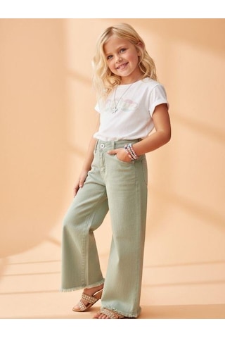 Zekids Kız Çocuk Pamuklu Paçaları Püsküllü Pantolon-16677 Yeşil