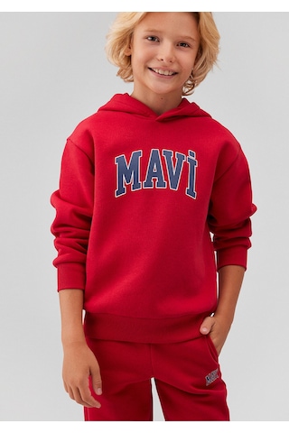 Mavi - Mavi Logo Baskılı Kırmızı Kapüşonlu Sweatshirt 6610110-704 Kırmızı