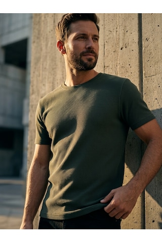Süvari Regular Kalıp Hava Alan Waffle Desenli T-shirt Haki